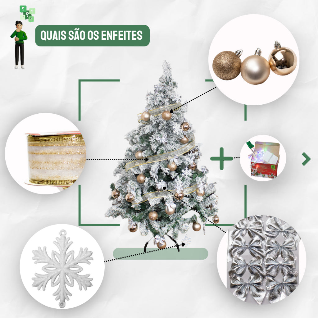 Complete Decorated Snowy Christmas Tree + 60 Ornaments