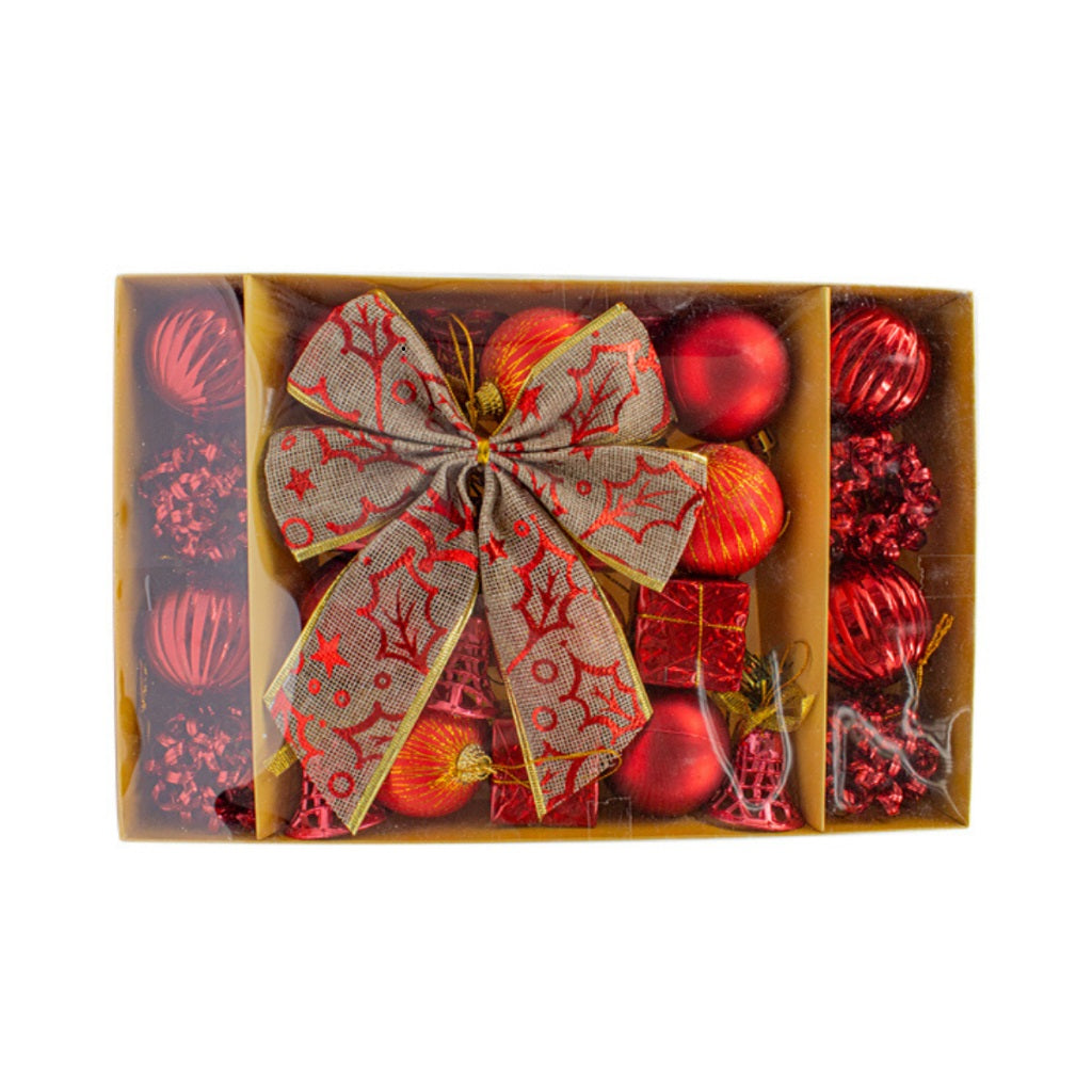 Kit of 24 Christmas Ornaments, Ball, Bow, Christmas Tree Decoration, Red, Gold, Silver