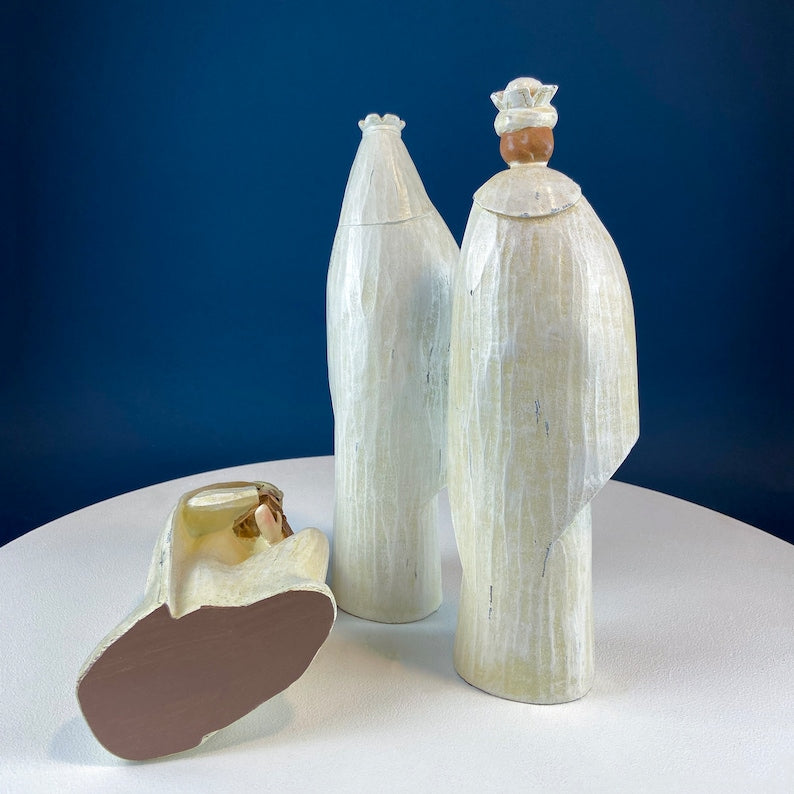 Robert Stanley 7-Piece Nativity Set. Modern, Elongated, Mostly White, Hand-Painted Figures.