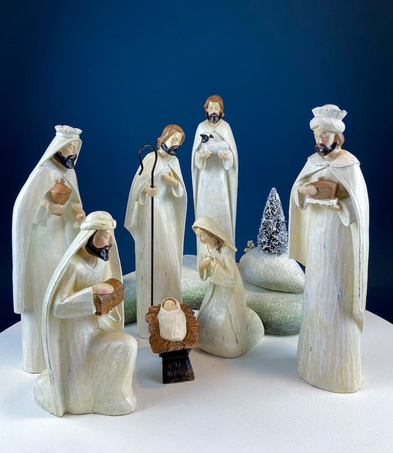 Robert Stanley 7-Piece Nativity Set. Modern, Elongated, Mostly White, Hand-Painted Figures.