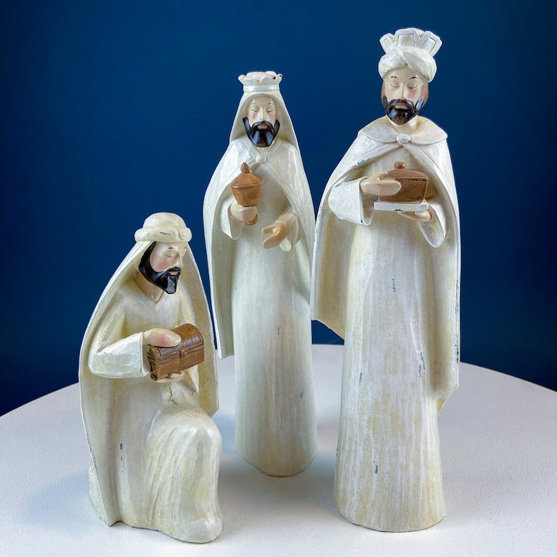 Robert Stanley 7-Piece Nativity Set. Modern, Elongated, Mostly White, Hand-Painted Figures.