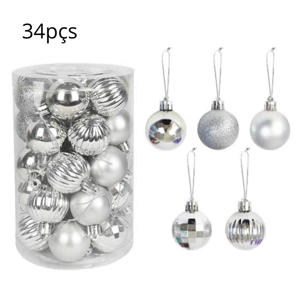 34 Mixed Silver Christmas Balls With Glitter 6cm
