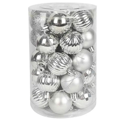 34 Mixed Silver Christmas Balls With Glitter 6cm
