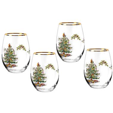 Set of 4 Stemless Wine Glasses - Christmas Tree Print 
