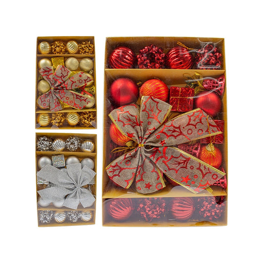 Kit of 24 Christmas Ornaments, Ball, Bow, Christmas Tree Decoration, Red, Gold, Silver