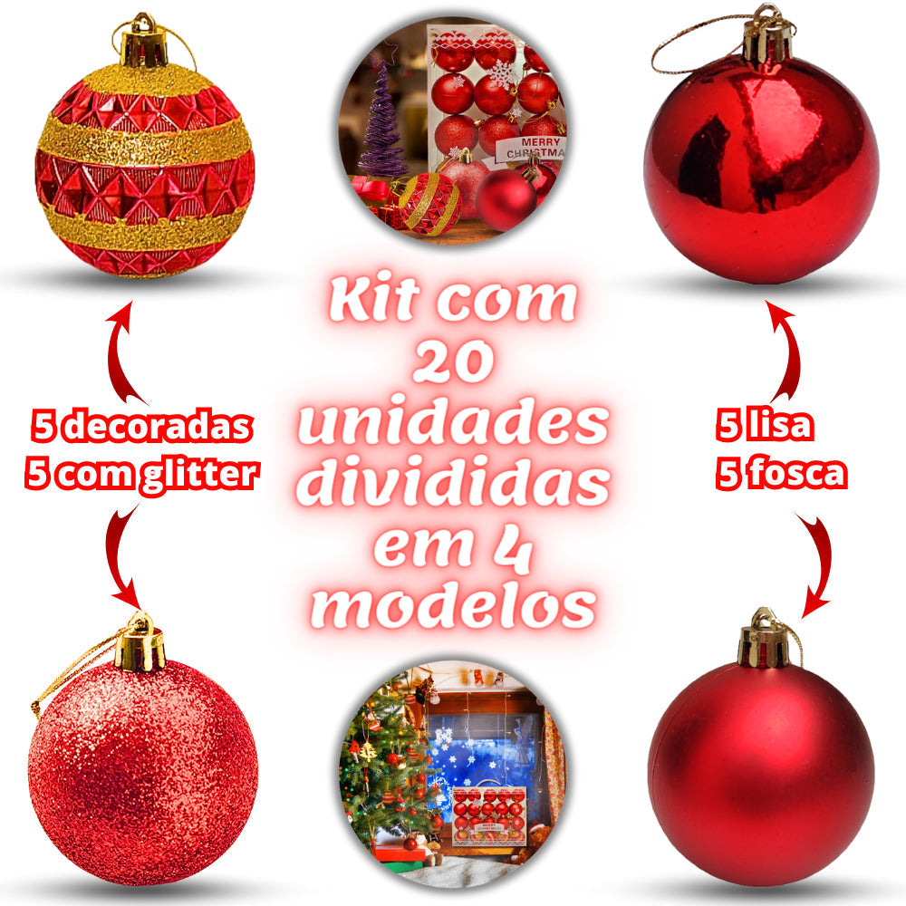 Kit of 20 Large Christmas Balls 6cm Decorated Smooth Matte with Glitter