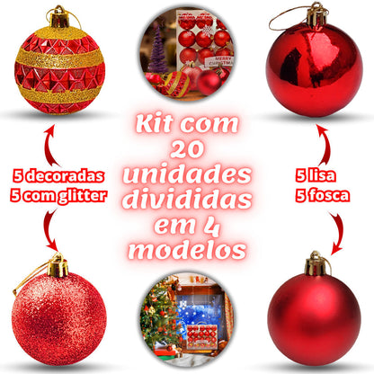 Kit of 20 Large Christmas Balls 6cm Decorated Smooth Matte with Glitter