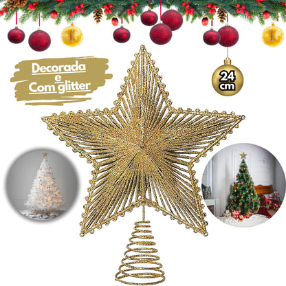 24cm Shiny Wire Star with Glitter for Metallic Christmas Tree
