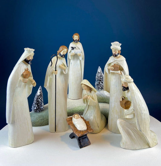 Robert Stanley 7-Piece Nativity Set. Modern, Elongated, Mostly White, Hand-Painted Figures.
