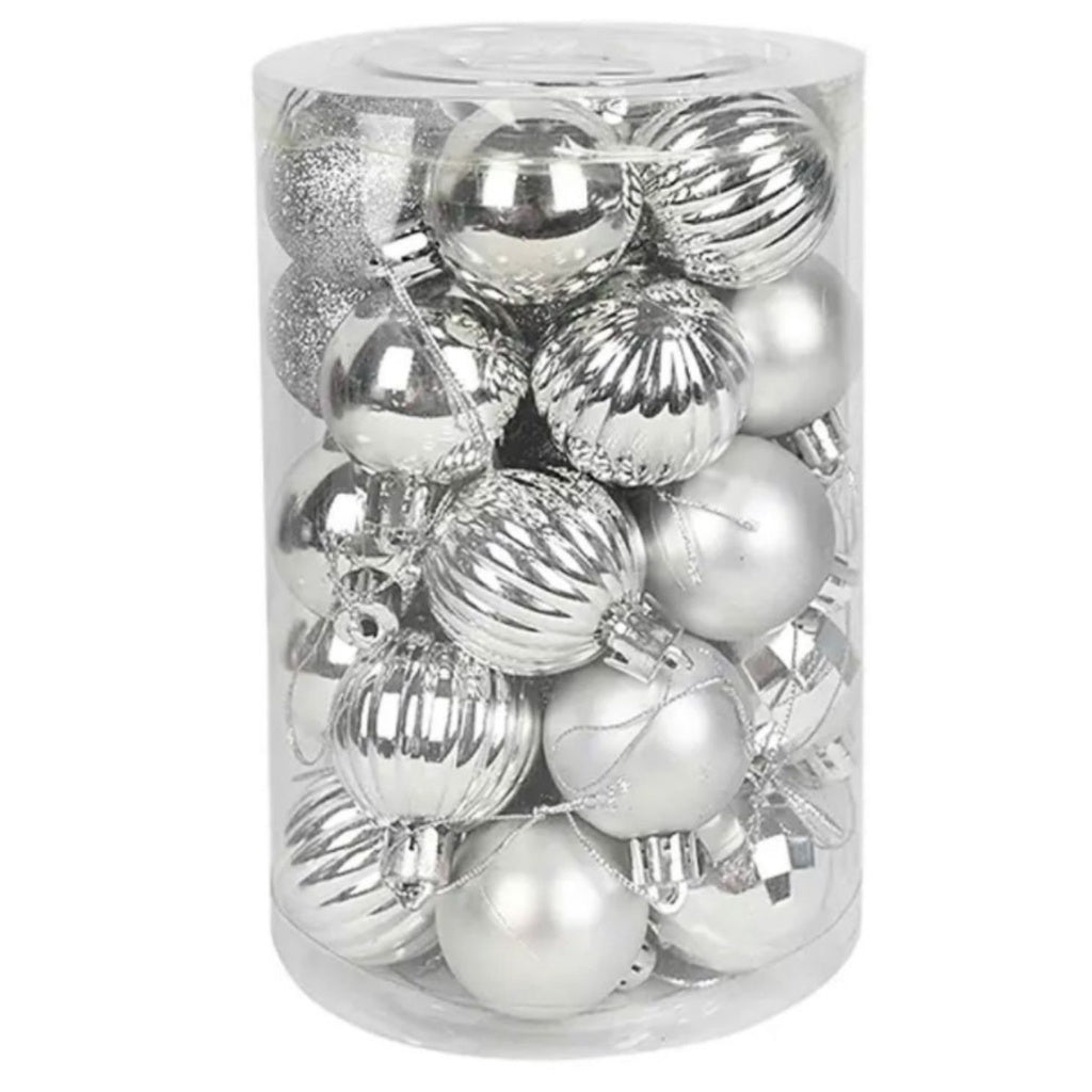 34 Mixed Silver Christmas Balls With Glitter 6cm