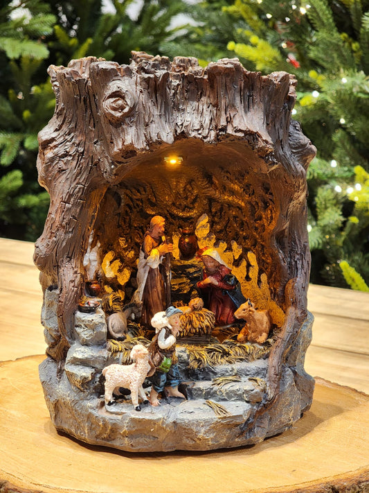 NATIVITY SCENE IN THE STONE WITH LIGHT CHRISTMAS VILLAGE SCENE