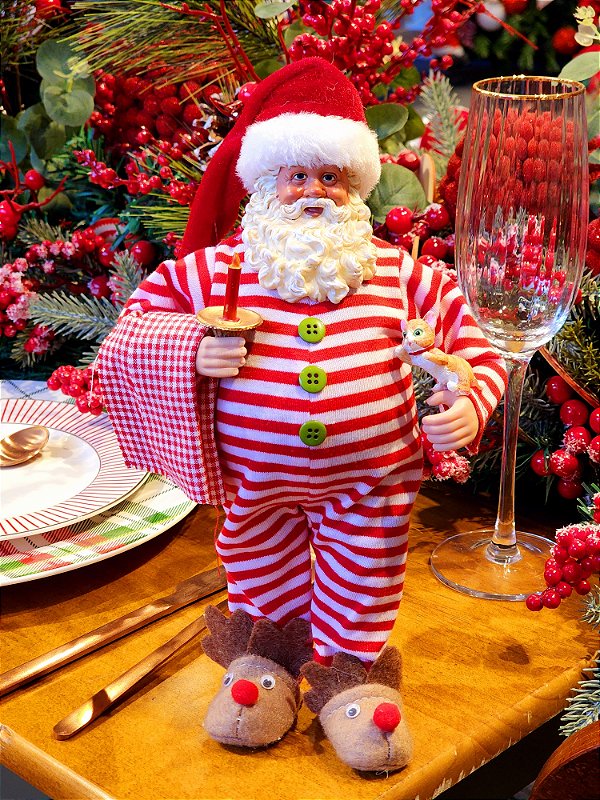COLLECTIBLE SANTA CLAUS IN PAJAMA WITH CANDLEHOLDER AND KITTY 28CM