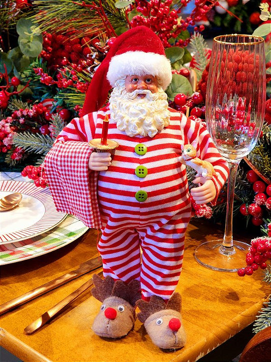 COLLECTIBLE SANTA CLAUS IN PAJAMA WITH CANDLEHOLDER AND KITTY 28CM
